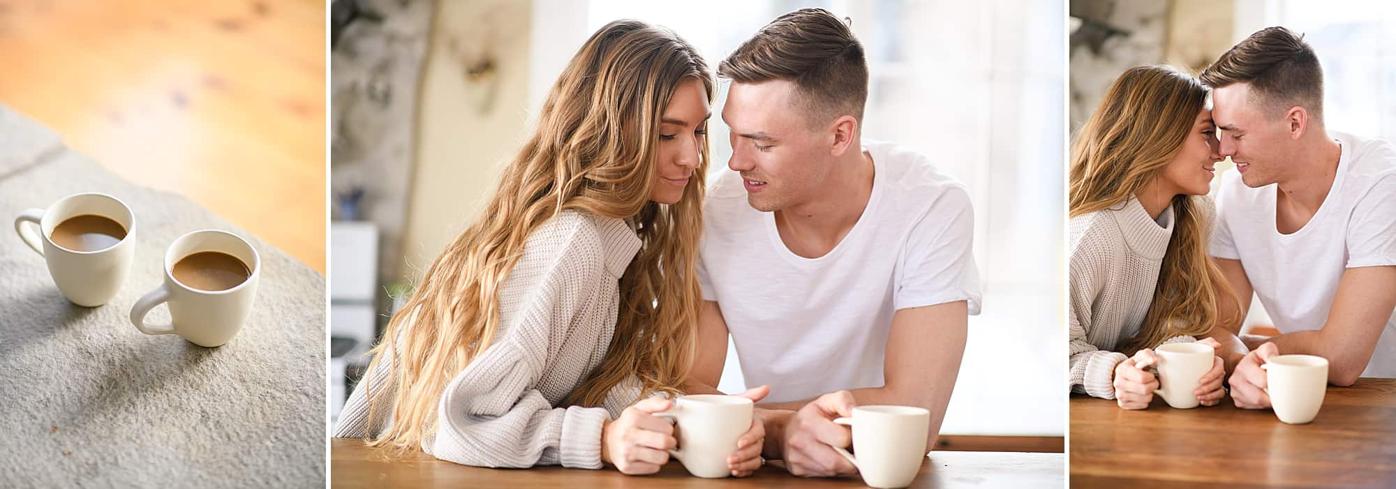engaged couple enjoying coffee together during their lifestyle session