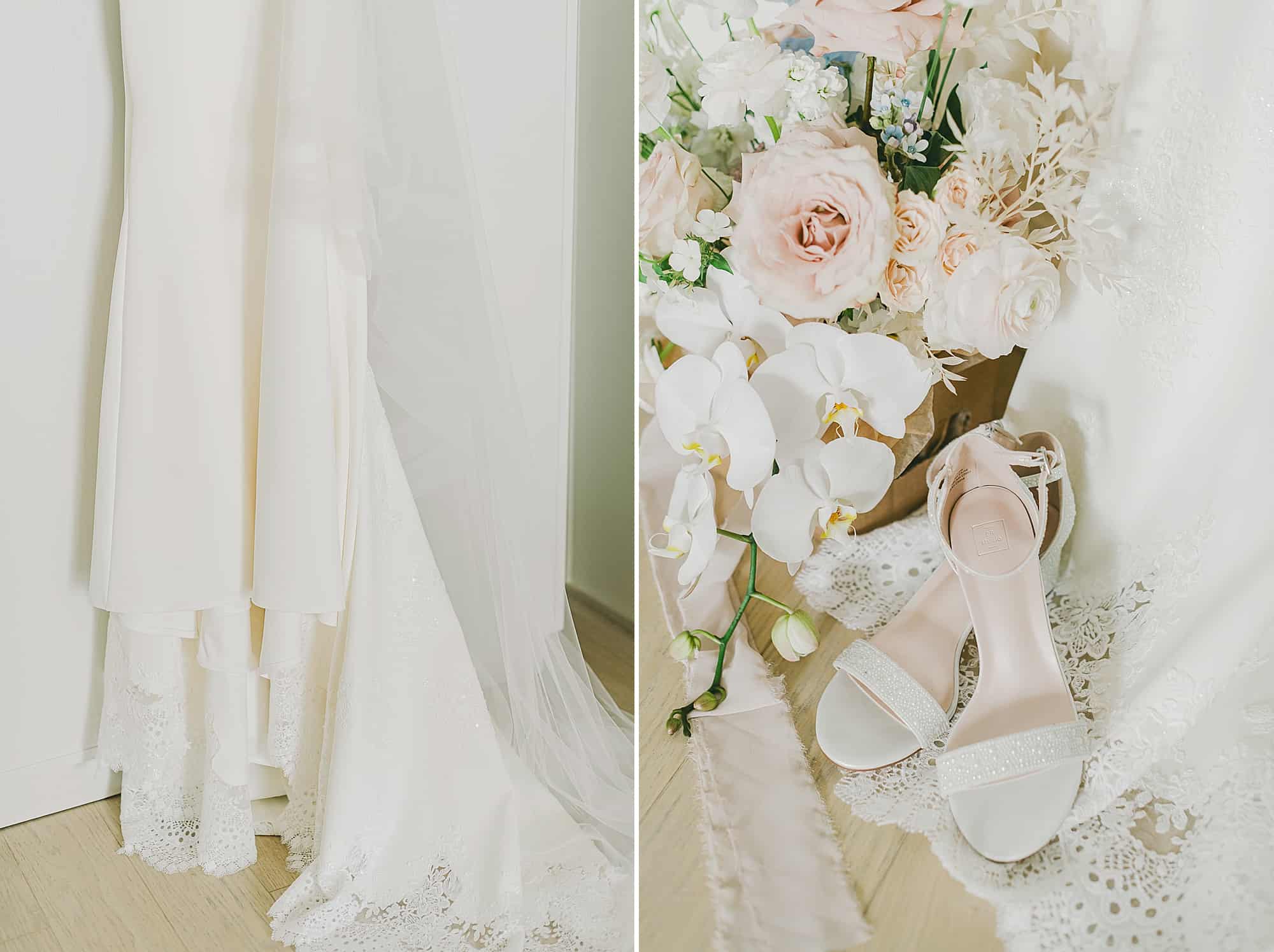 wedding gown with bridal bouquet and wedding shoes