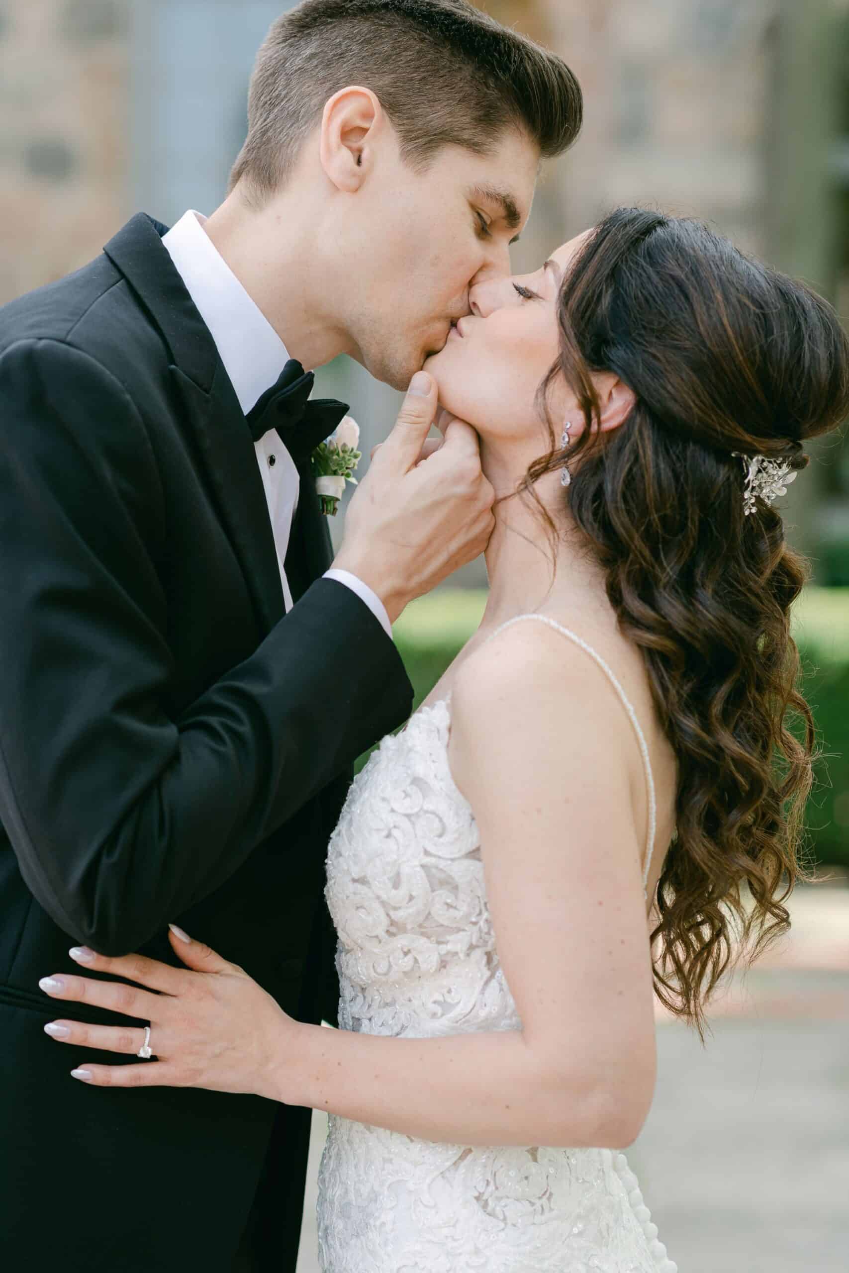 bride and groom romantic kiss